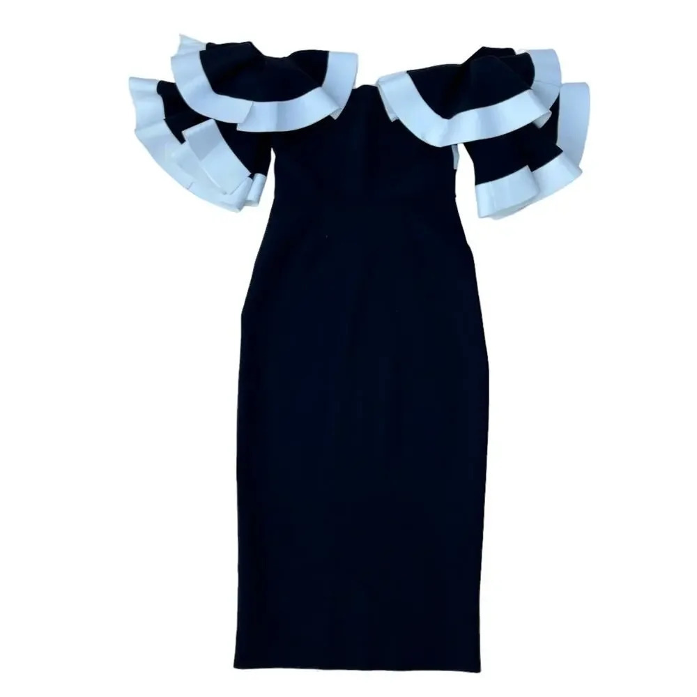 Chiara Boni La Petite Robe Off-The-Shoulder Ruffle-Sleeve Midi Dress US Size 2 - Picture 4 of 7